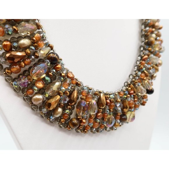 TALBOTS Caramel & Smoky Grey/Blue Beaded Collar Statement Necklace - Picture 3 of 7